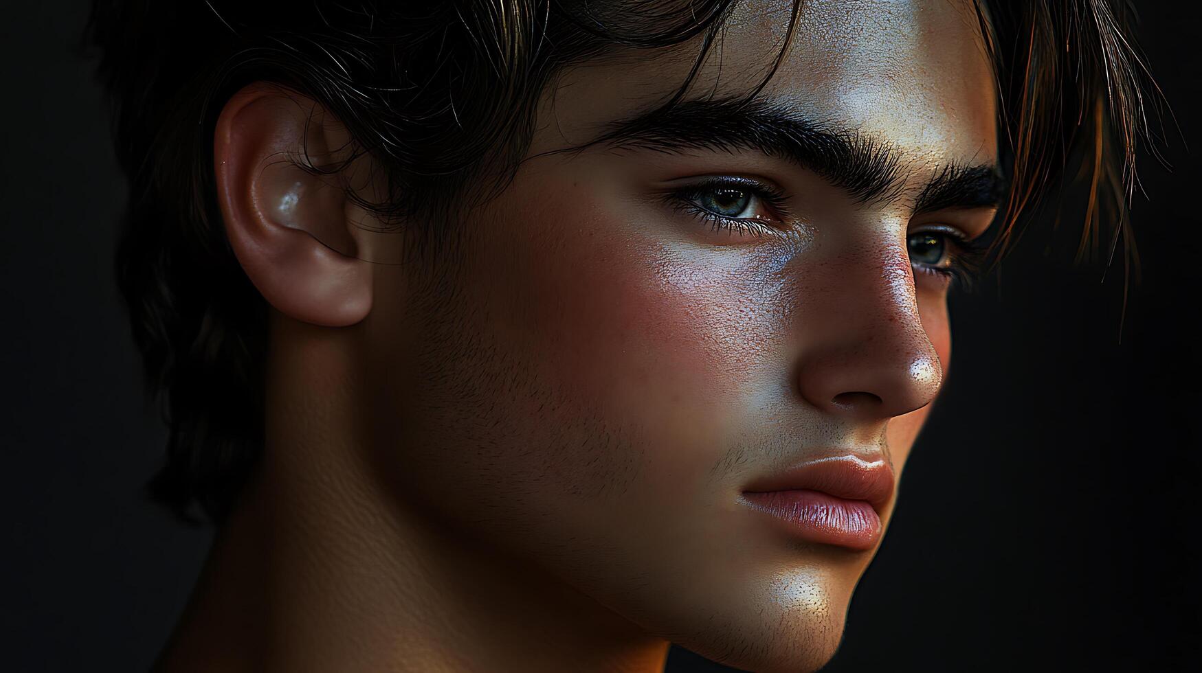 Portrait of a young person with blue eyes looking pensively into the distance captured in soft illuminating light photo