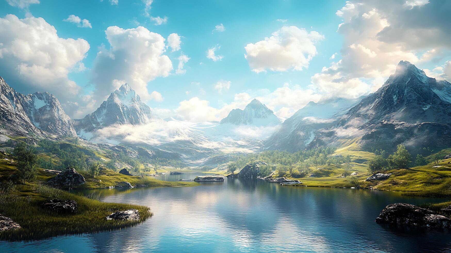 A scenic landscape with towering mountains a tranquil lake and a clear blue sky filled with puffy white clouds photo