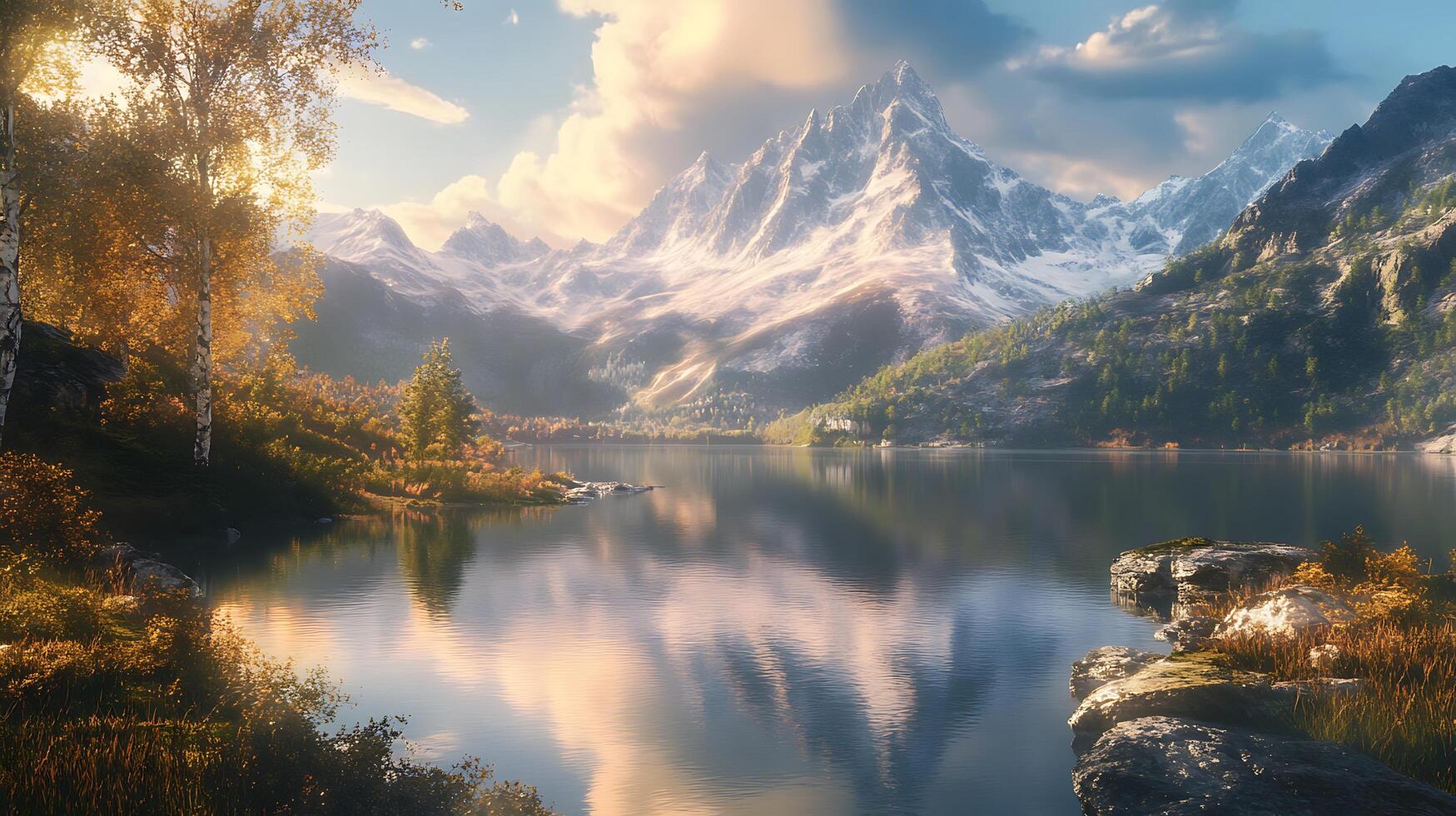 Mountain lake reflects the sky and surrounding forest landscape in a picturesque scene with autumn trees in golden hour light photo