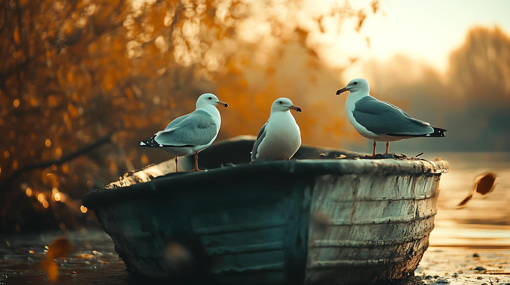 Tranquil scene with three seagulls perched on an aged rowboat amidst a golden sunlit waterscape Nature's serenity photo