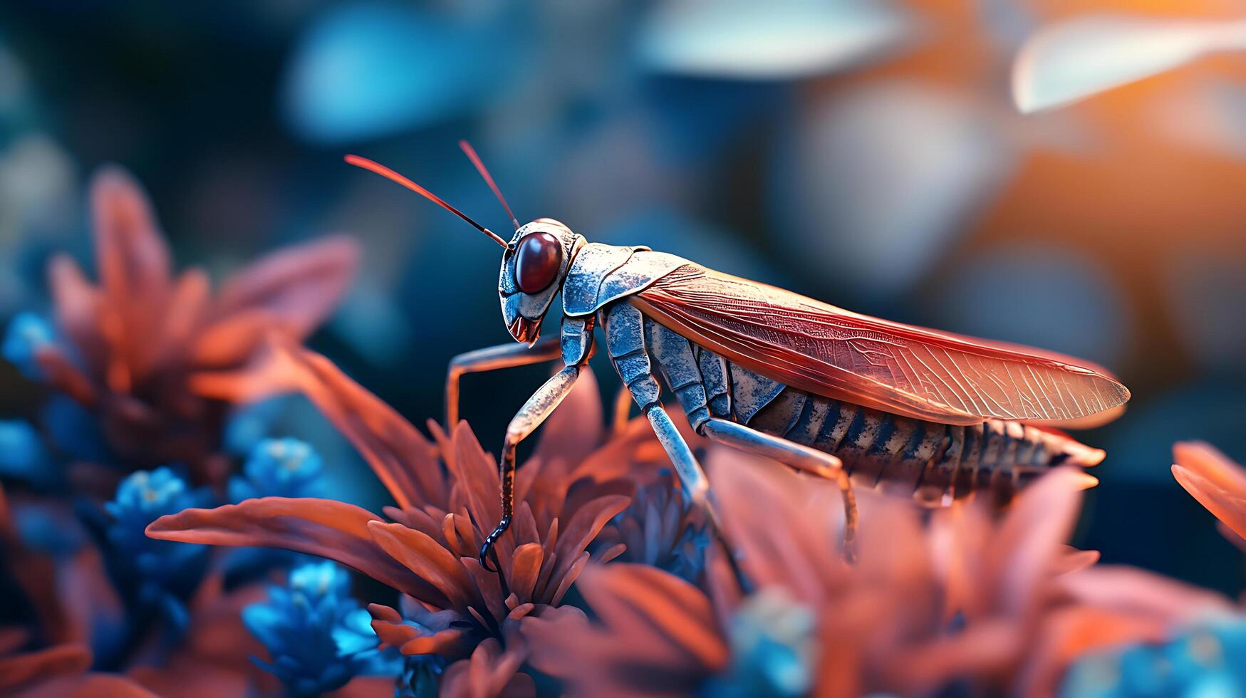 Grasshopper portrait amidst vibrant orange and blue flora a close-up of nature's exquisite detail captured in light and shadow photo