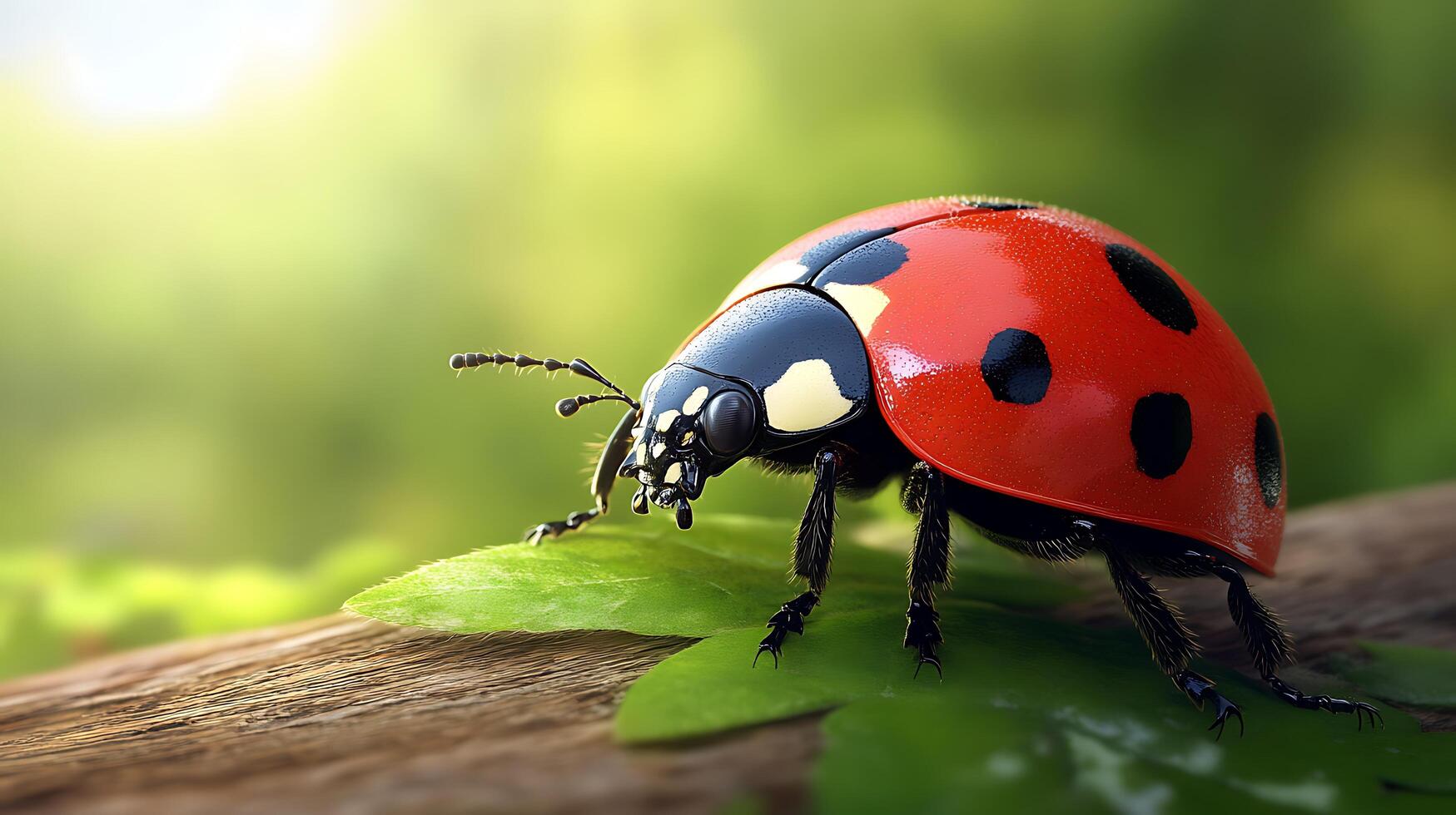 A vibrant ladybug red with black spots perches gently on a bright green leaf framed by a soft natural background photo