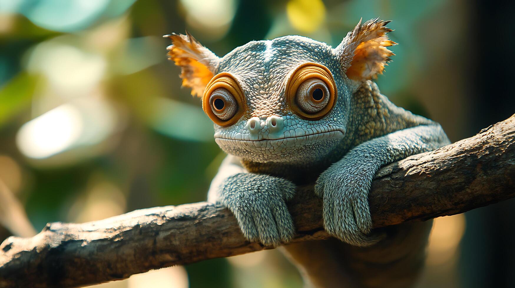 Whimsical creature with big expressive eyes perched on a branch in a sun-dappled forest setting Cute and charming photo