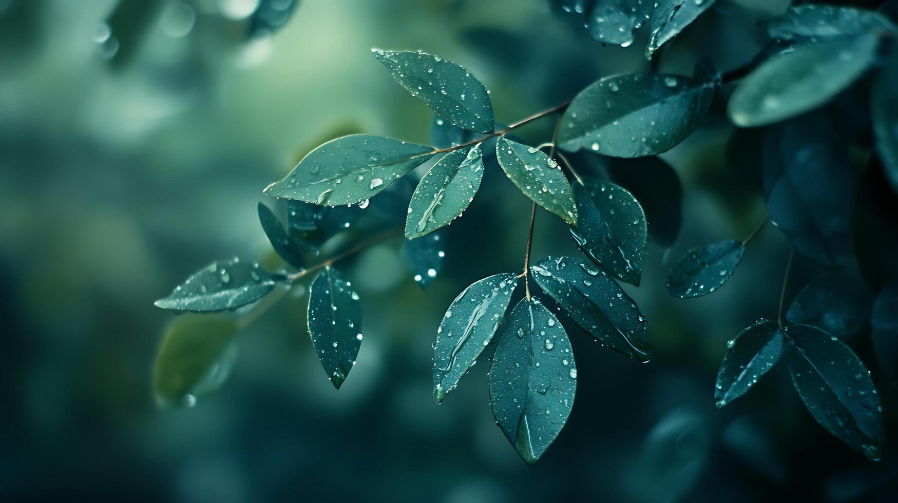 Lush green leaves glisten with raindrops in a serene and peaceful setting capturing nature's beauty and tranquility photo