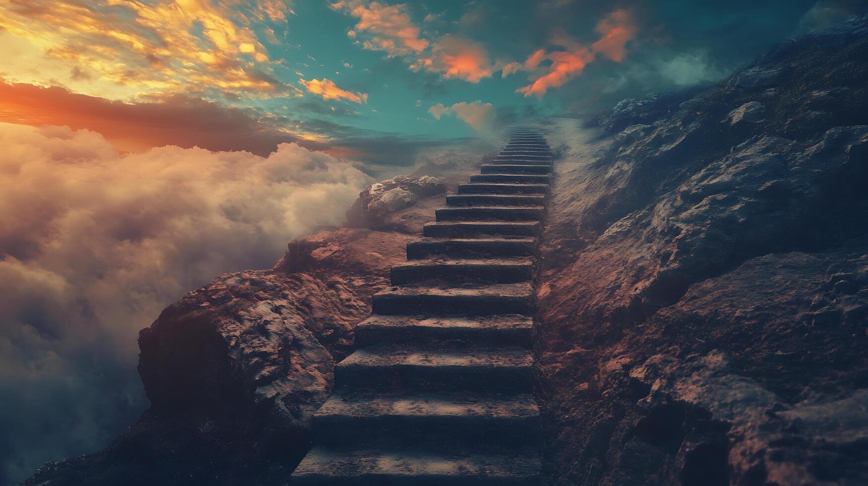 A stone staircase ascends a steep rocky hillside towards a dramatic sky filled with clouds promising a surreal journey photo