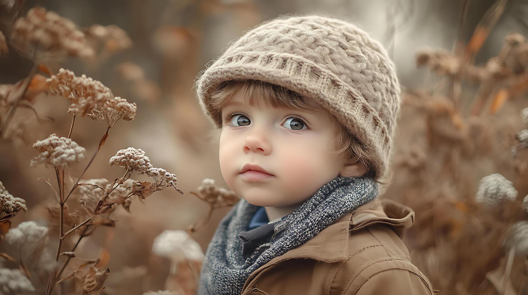 A small child gazes out from a field of neutral tones a warm hat and scarf protect them from the cool weather photo