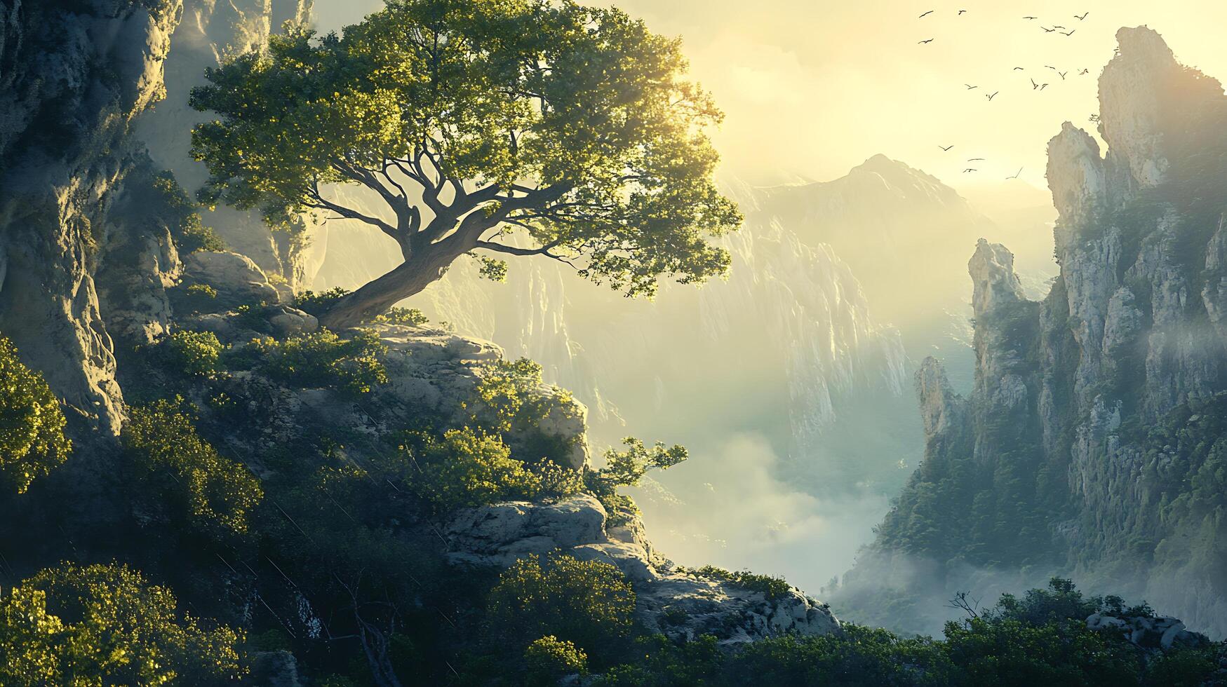 Scenic mountain landscape featuring a solitary tree perched atop rocky terrain bathed in the warm glow of sunlight photo