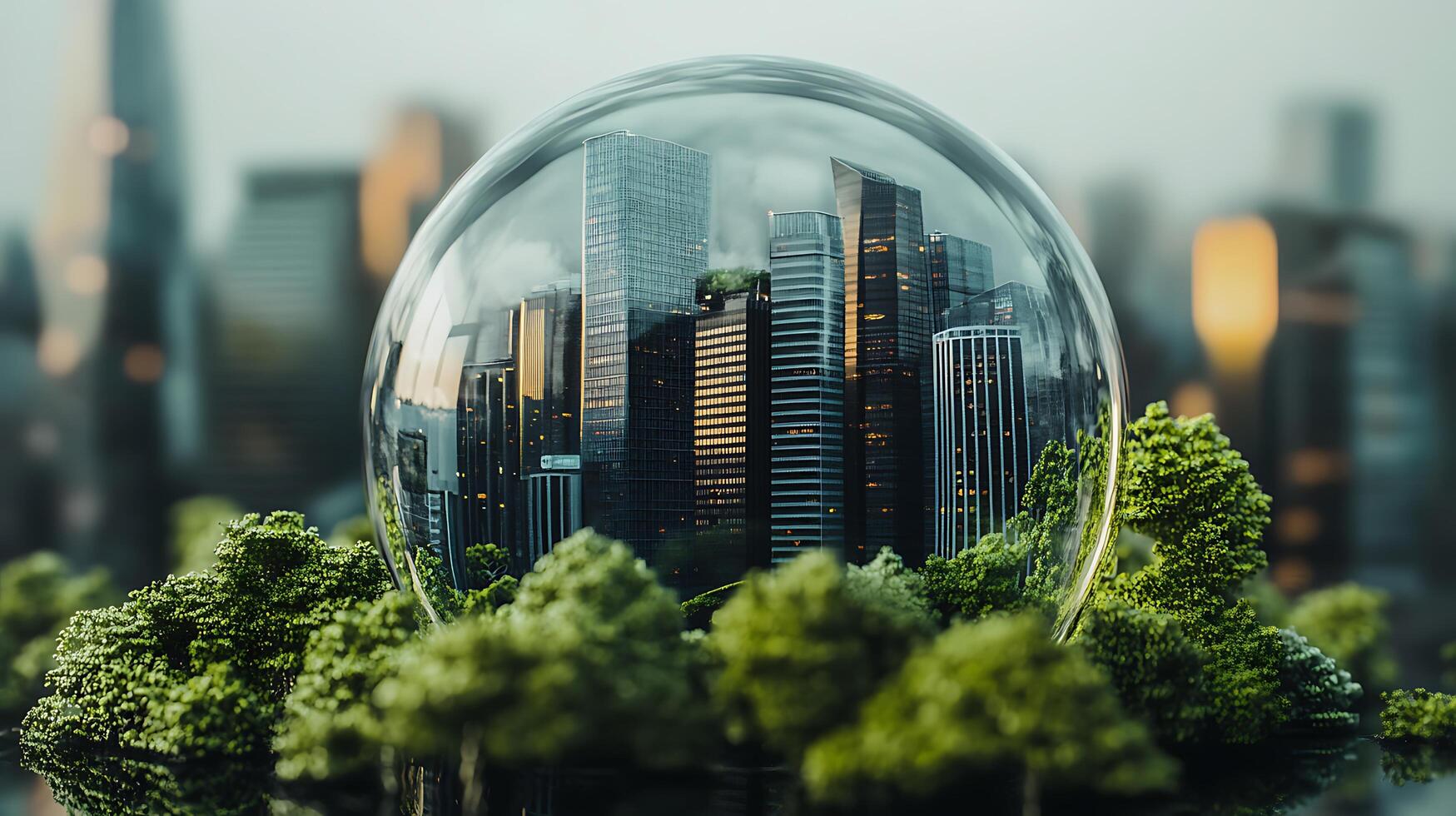 Cityscape encapsulated within a glass orb surrounded by lush greenery blends nature and urban life in an innovative display photo