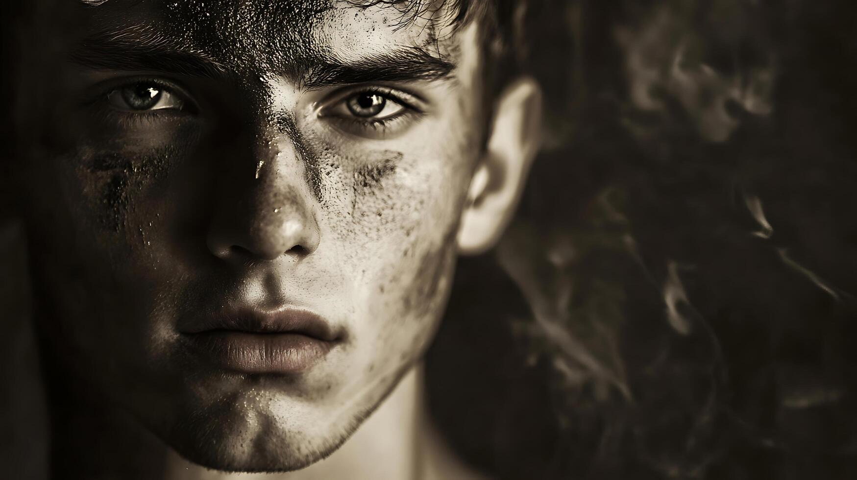 Intense portrait of a young man face smudged with dirt captured in a dramatic sepia-toned eye-level close-up photo