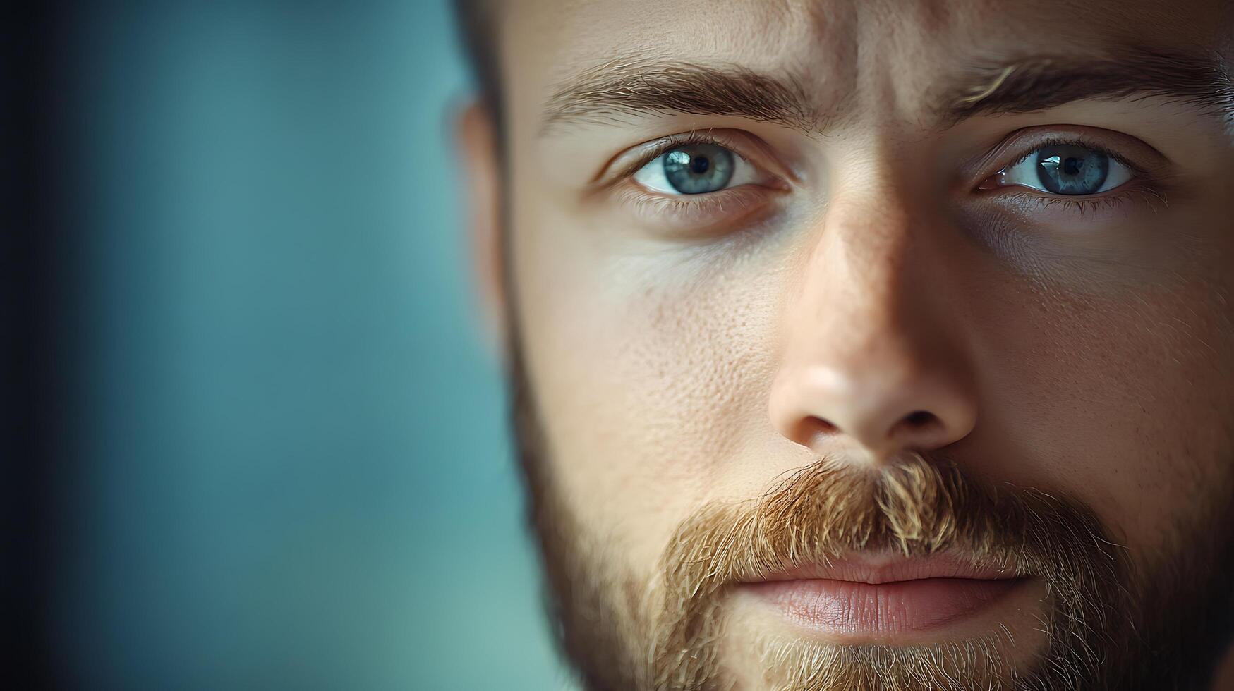 Intense gaze of a man with striking blue eyes and a ginger beard against a muted teal background creating depth photo