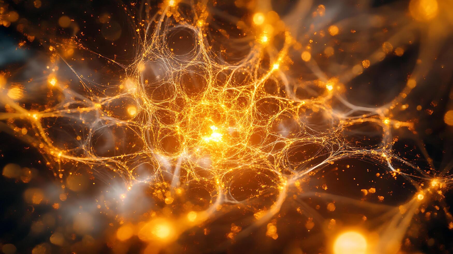 An abstract network of glowing connections resembling neurons or cosmic webs against a dark background with bokeh lights photo
