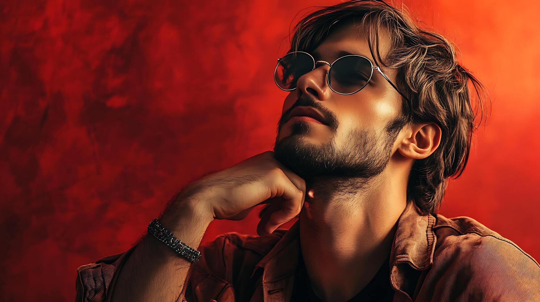Stylish man wearing sunglasses with pensive expression against a vivid red background Artistic lighting and mood photo
