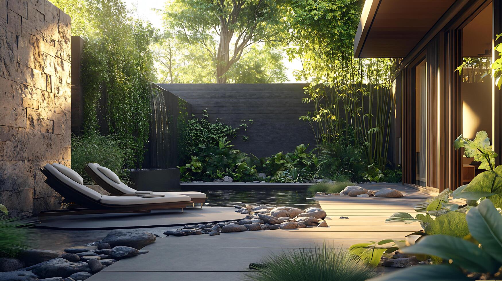 Relaxing backyard oasis with chaise lounges lush greenery waterfall feature and sleek modern architectural elements photo