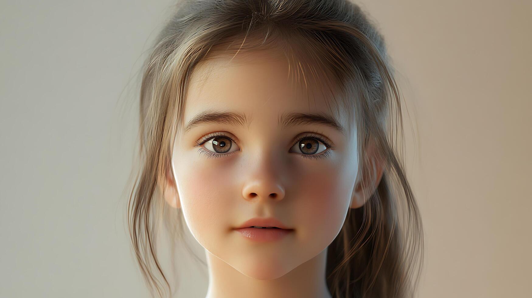 A young girl with fair skin and brown hair looks directly at the camera with a soft expression in a neutral setting photo