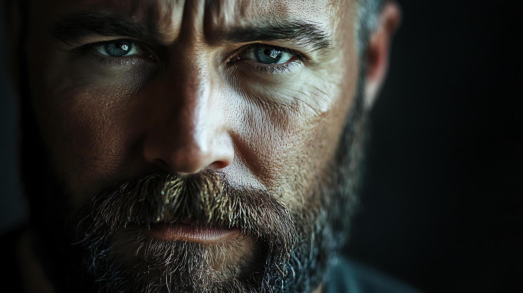 Intense close-up of a man's face with piercing blue eyes and a rugged beard showcasing determination and character photo