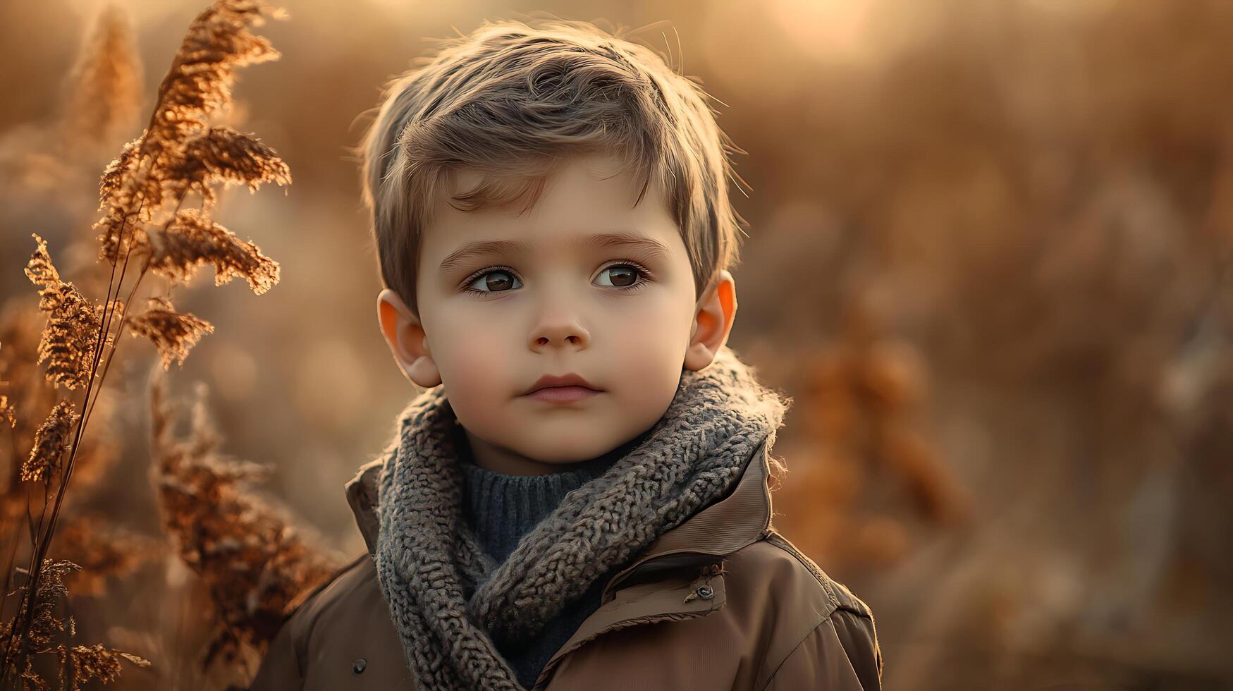Contemplative young child in outdoor setting looking thoughtfully into the distance with soft warm light photo