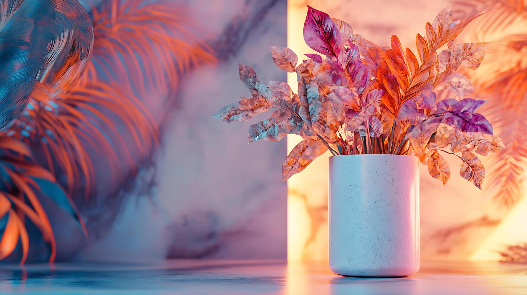 Illuminated flora in a white pot featuring vibrant leaves against a soft artistic backdrop in a modern aesthetic photo