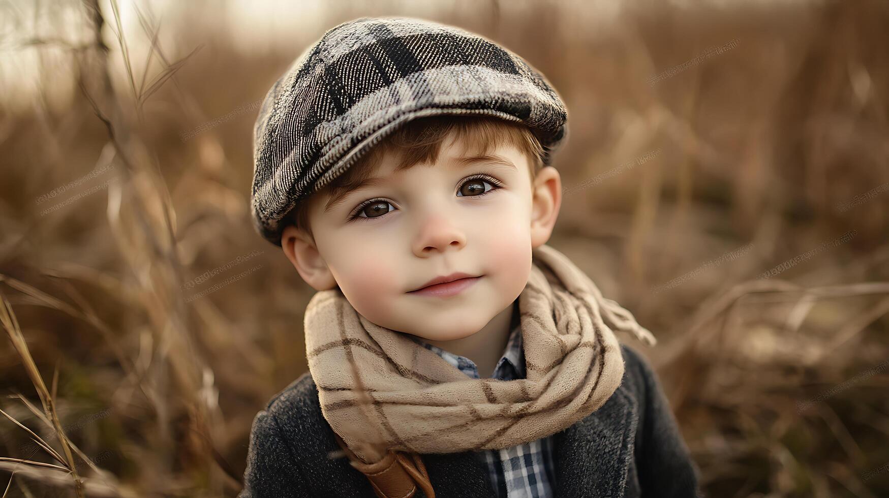 Charming young boy dressed in vintage style attire posing amidst a field of dried grass captured in a warm soft light photo