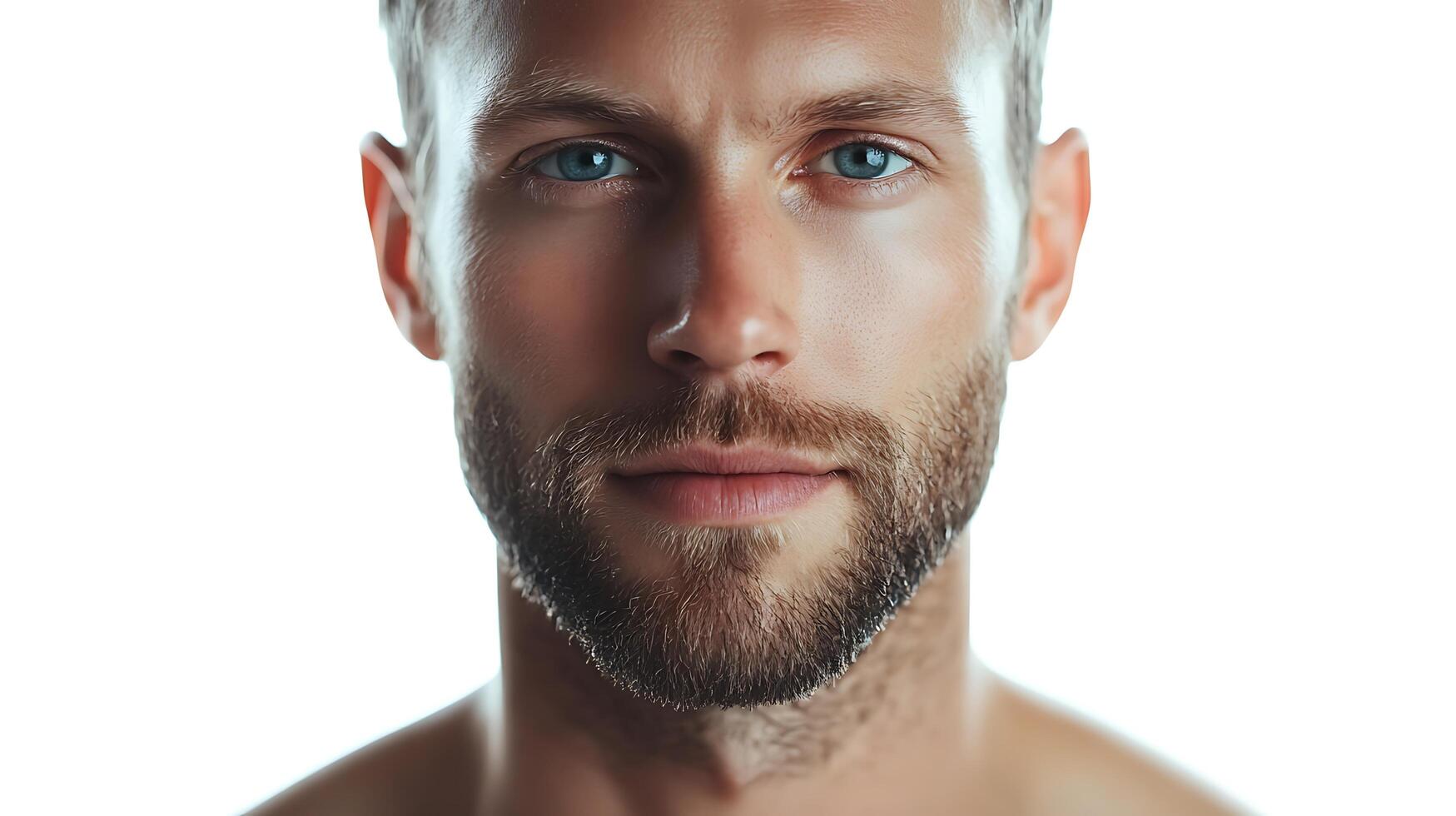 Striking close-up portrait of a man with piercing blue eyes a well-groomed beard and a confident and direct gaze photo