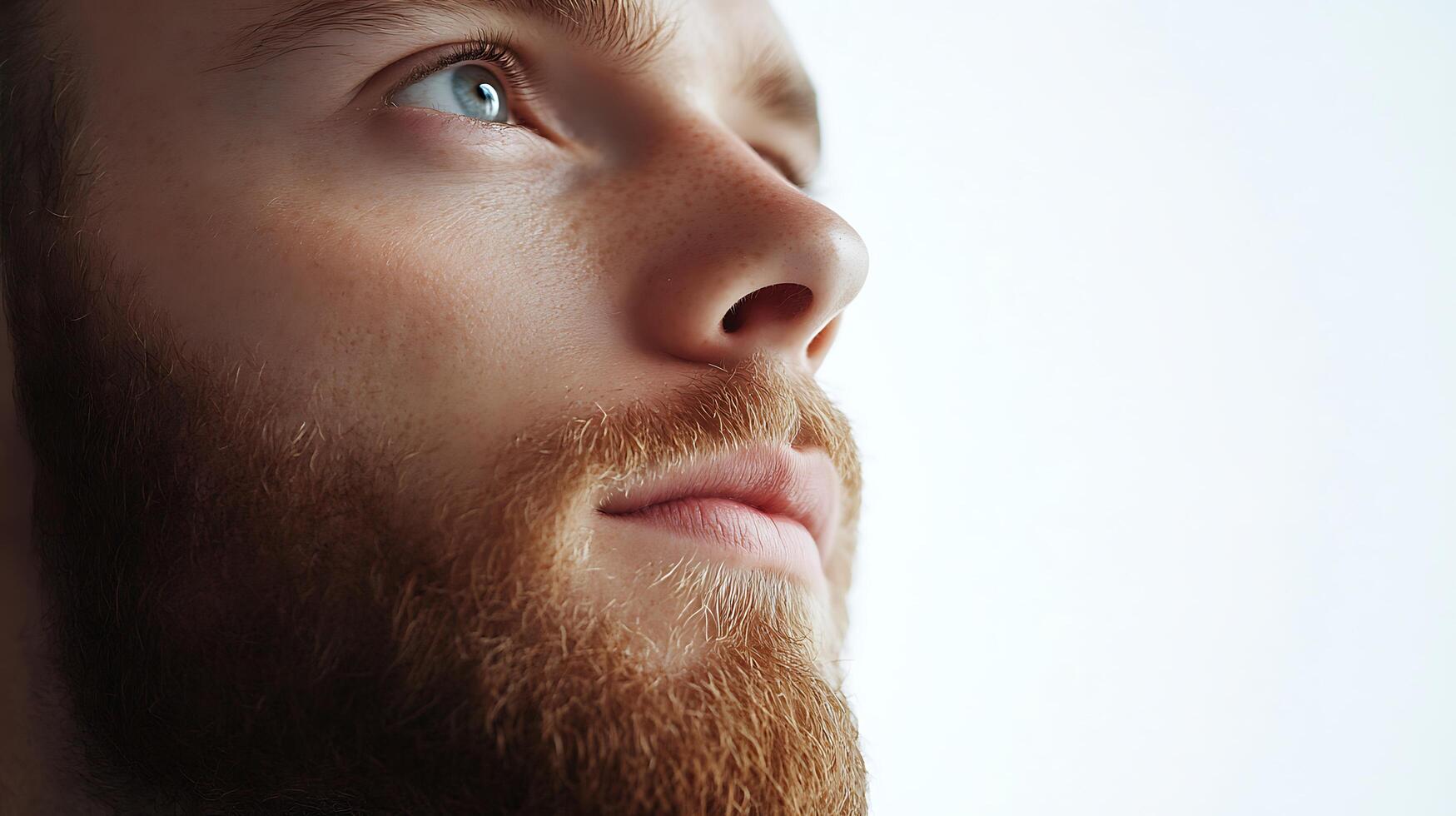 Introspective gaze of a ginger-bearded man with pale skin light blue eyes and prominent freckles against a neutral backdrop photo