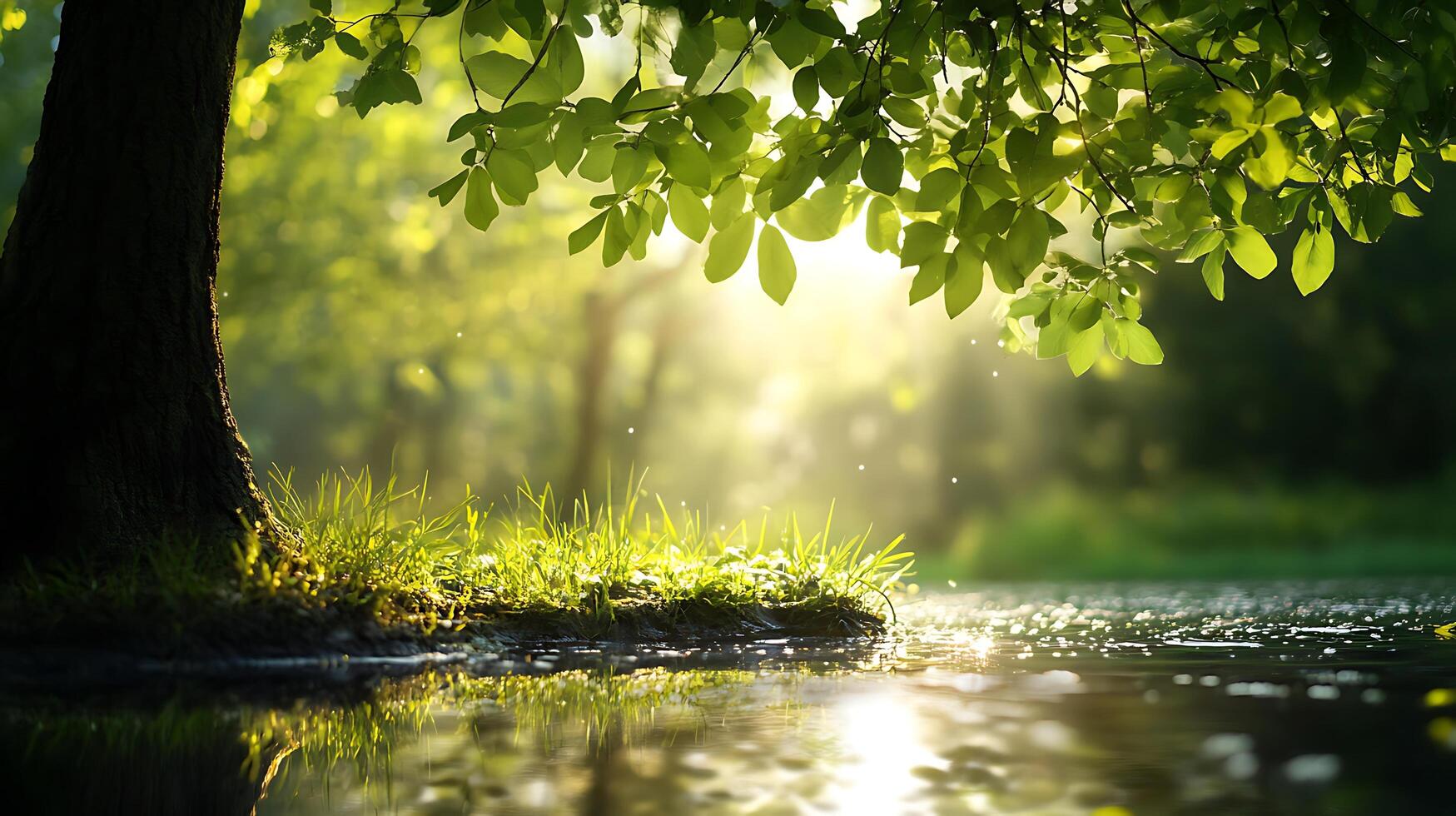 Sunlight filters through leaves illuminating tranquil waters and lush greenery capturing nature's serene beauty photo