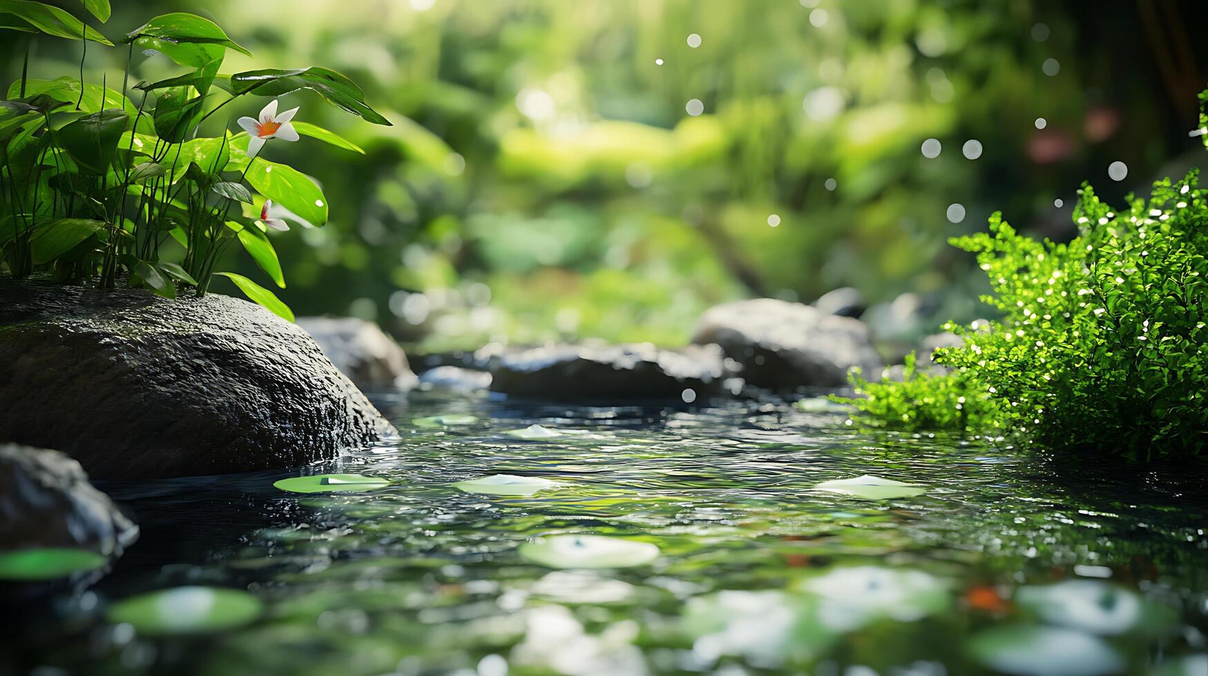 Peaceful stream flowing through lush greenery featuring flowers rocks moss and serene lily pads on the water photo