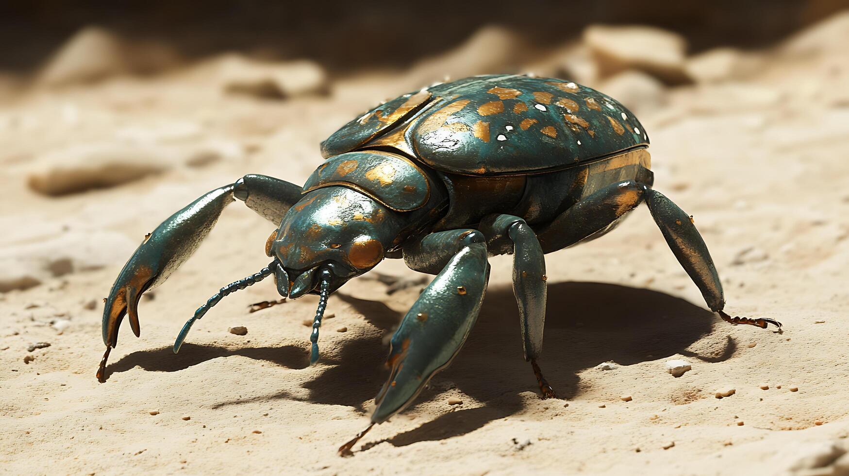 Detailed closeup of an iridescent beetle with gold spots traversing a sandy terrain showcasing nature's intricate beauty photo