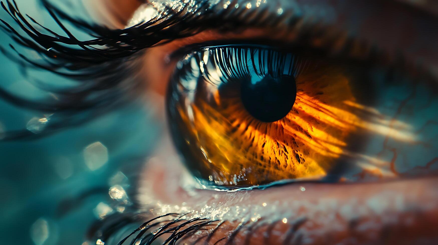 A mesmerizing close-up showcases a striking eye with intricate details and a captivating golden-brown iris surrounded by lashes photo