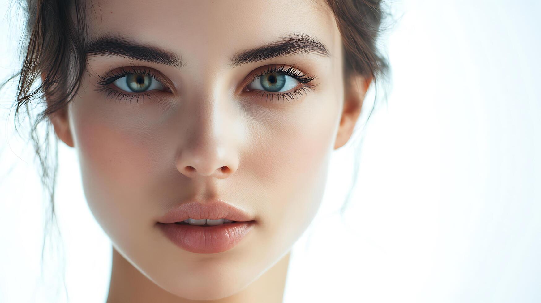 Close-up portrait of a young woman with striking eyes and soft features against a bright minimalist backdrop emphasizing beauty photo