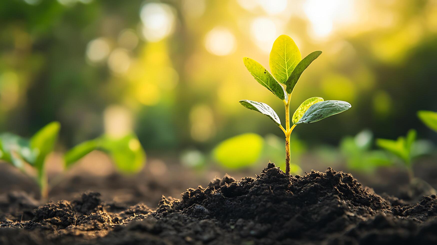 A vibrant seedling emerges from rich soil bathed in warm sunlight symbolizing hope and new beginnings in nature photo