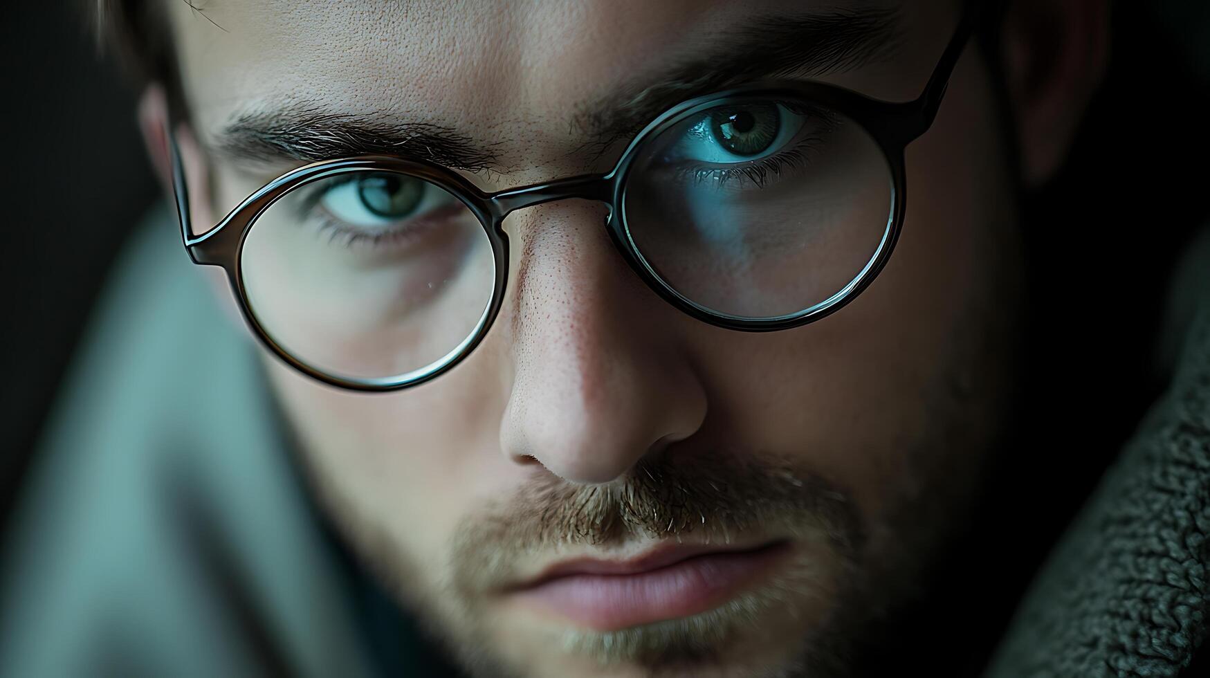 Close-up portrait of a man with fair skin wearing glasses looking intensely into the camera with bright eyes photo