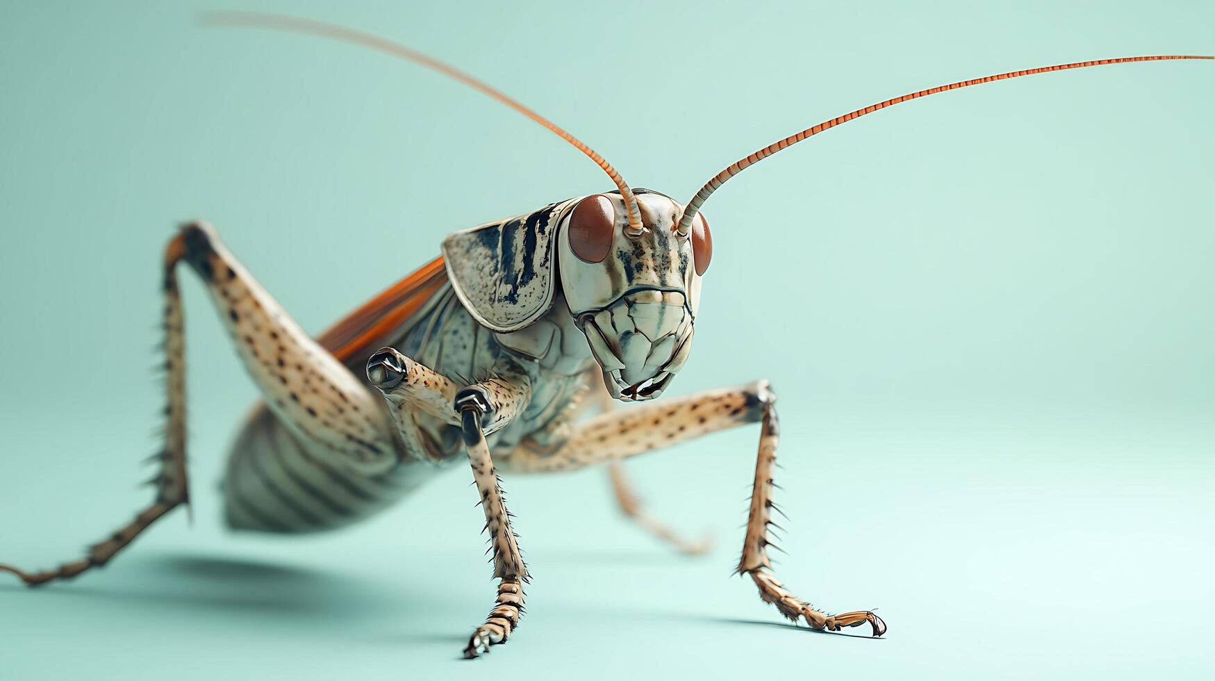 Detailed macro shot of a grasshopper showing its intricate features and textures against a simple background photo