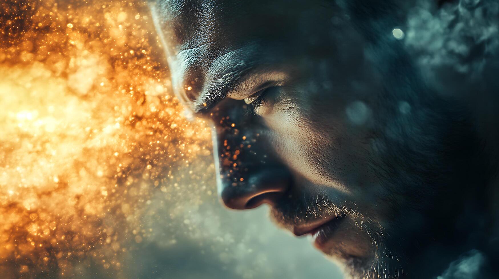 A man in deep thought enveloped by an otherworldly glow conveying emotion introspection and the human experience photo