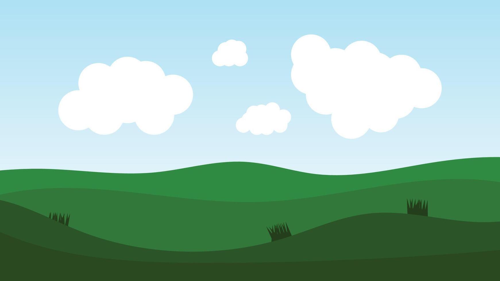 landscape cartoon scene background. green field with big white fluffy cloud and blue sky vector