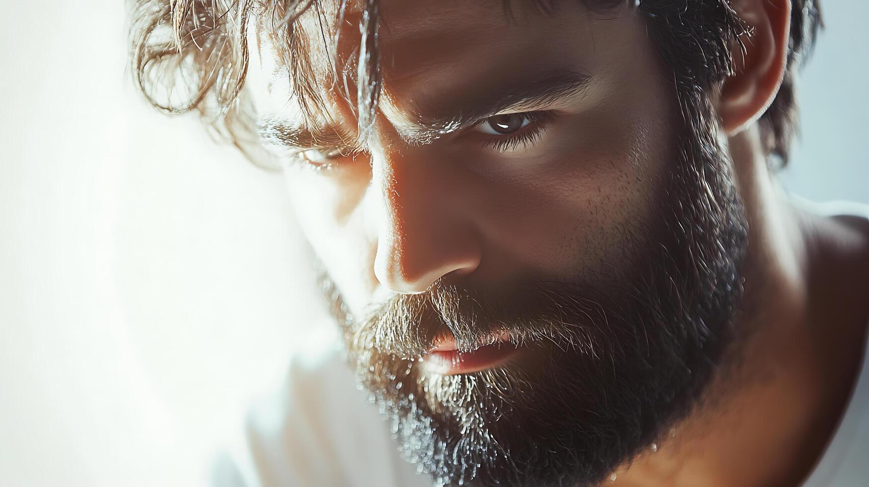 Close-up of a man with intense eyes and a full beard gazing downwards in contemplation against a bright ethereal background photo