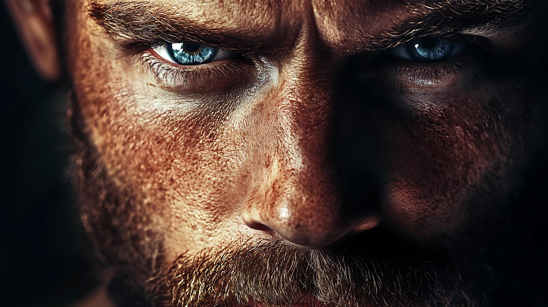 Intense portrait of a rugged man with piercing blue eyes and a determined expression shadowed face and thick beard photo