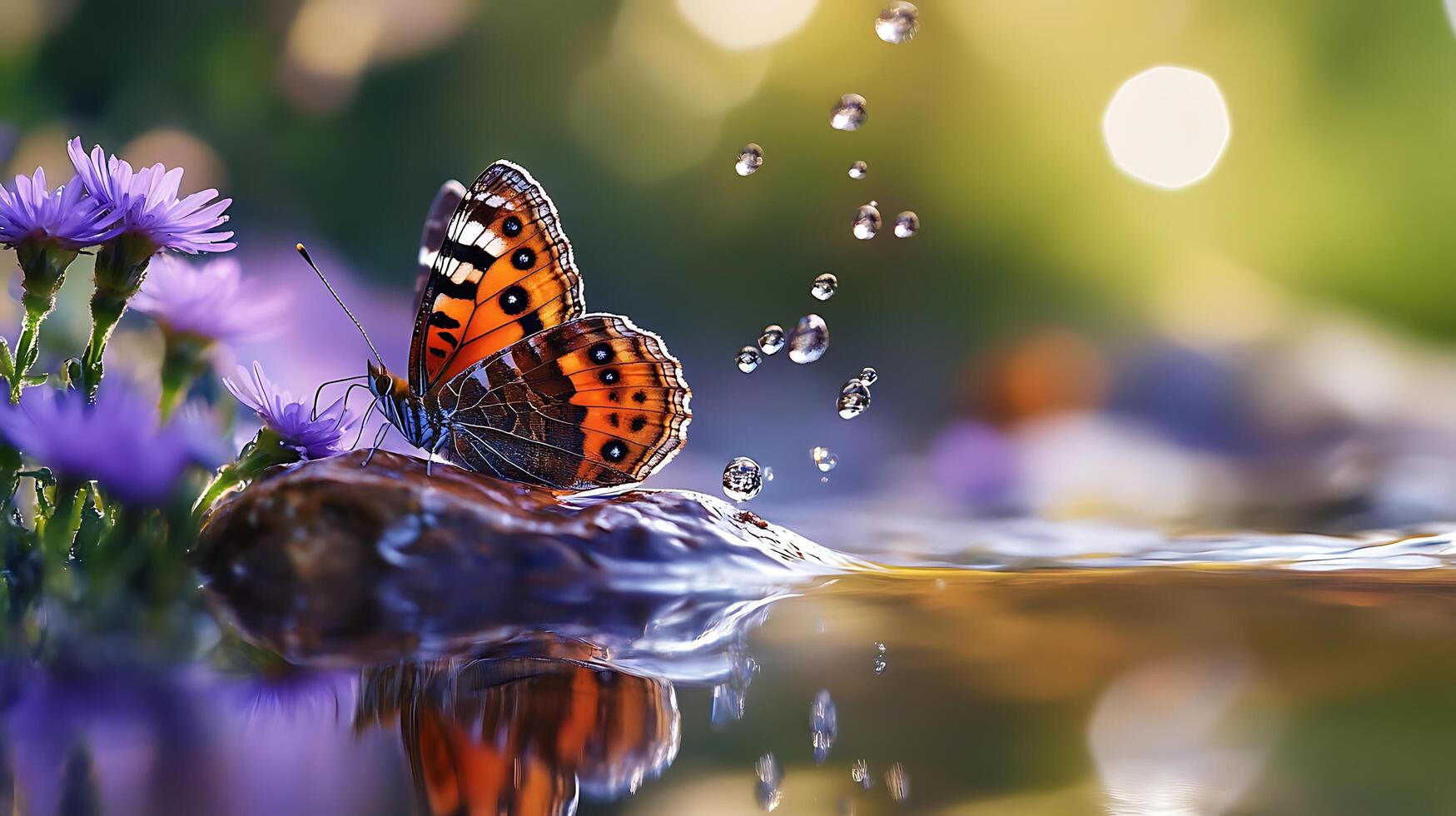 Butterfly perches gracefully near lilac flowers as water droplets float in the air reflecting the serene nature scene photo