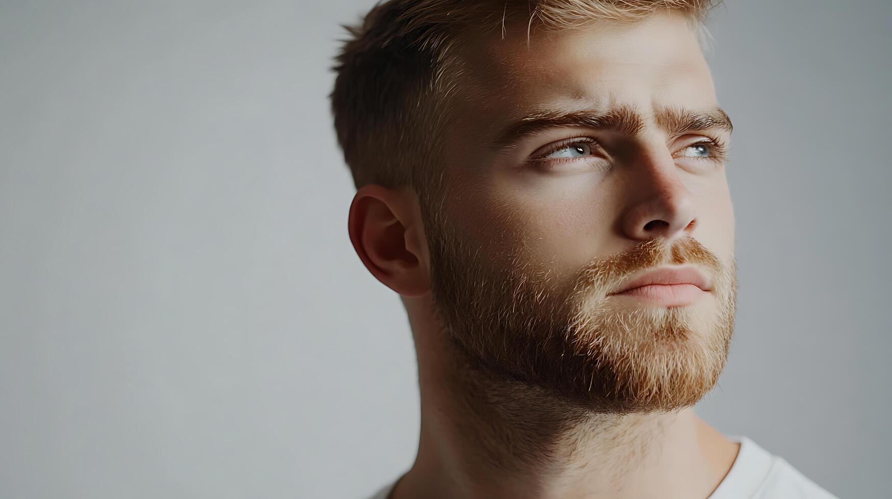 Portrait of a fair-skinned light-haired man looking thoughtfully to the side against a plain backdrop Contemplative mood photo