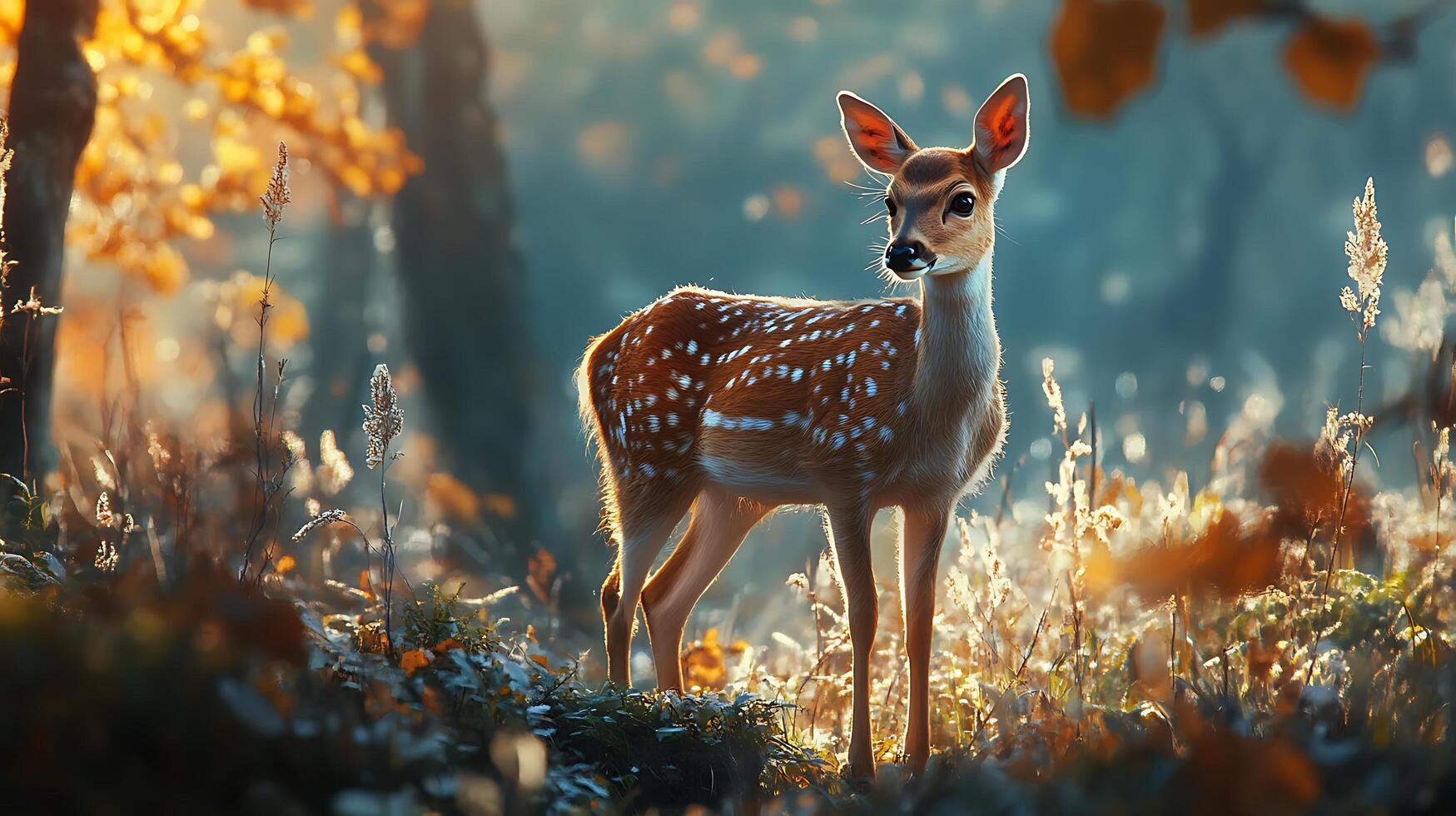 Spotted fawn standing in a meadow basks in sunlight exuding serenity in a picturesque nature setting photo