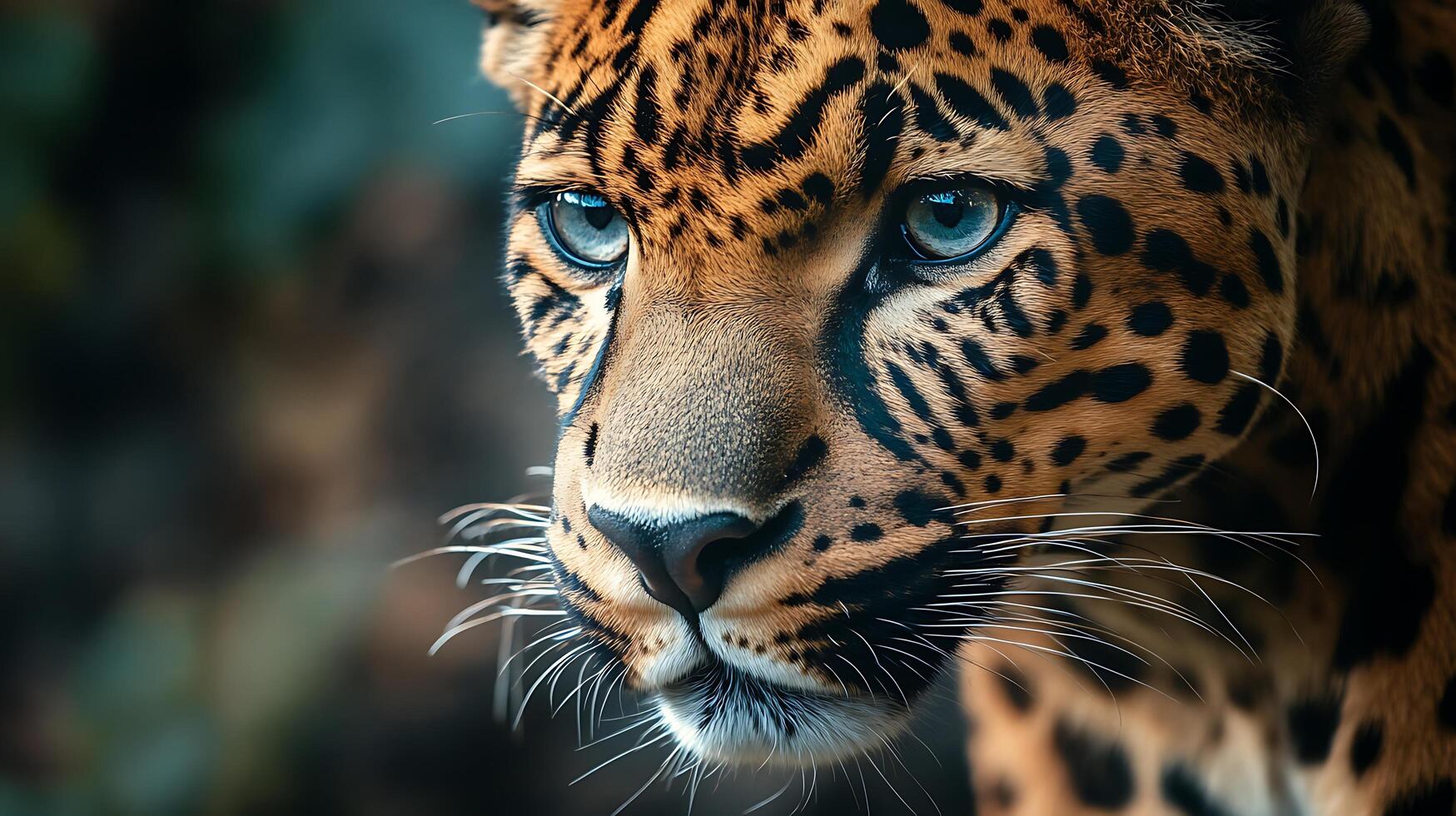 A stunning close-up of a majestic leopard's face showcasing its intricate spot pattern and piercing light blue eyes photo