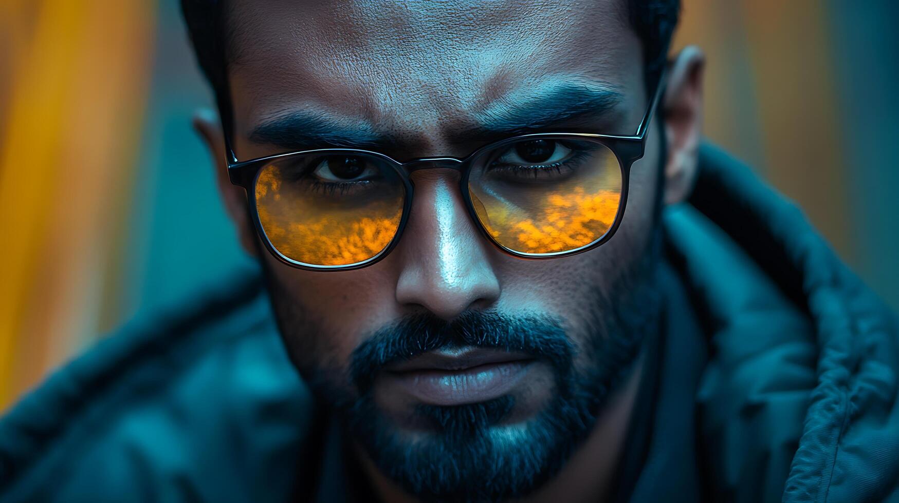 Intense gaze of a man with glasses reflecting a fiery glow conveys depth and mystery under dramatic lighting photo