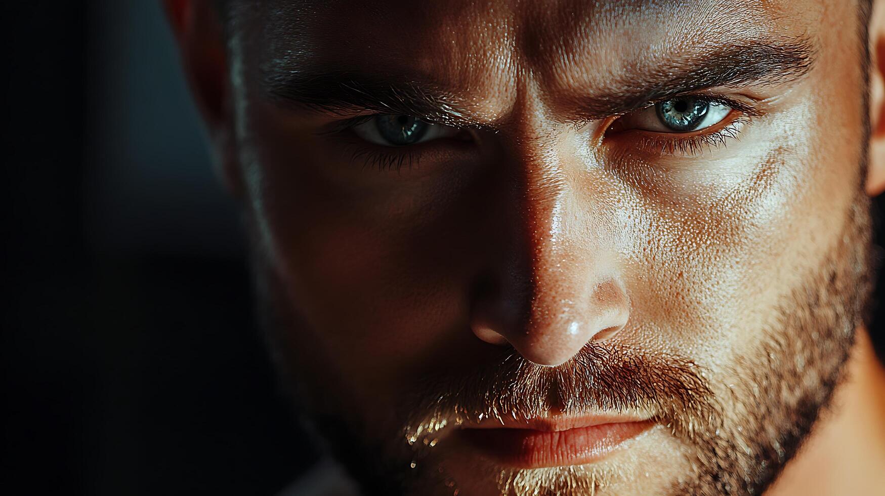 Intense portrait Sweaty bearded man with piercing gaze conveys determination or strain in dark dramatic lighting photo