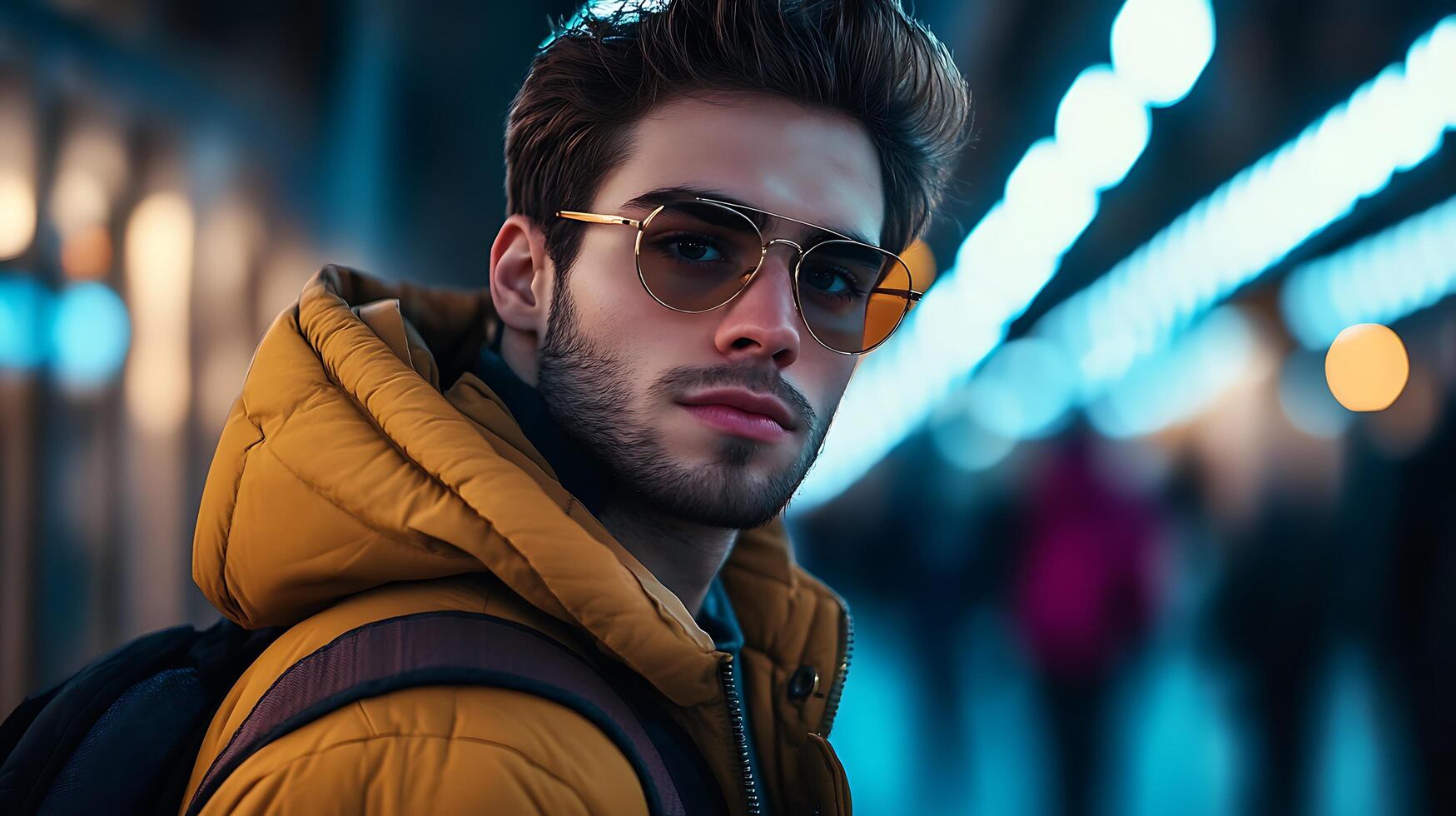 Stylish man in golden puffer jacket and aviator glasses captured against an illuminated blurred backdrop Urban fashion photo
