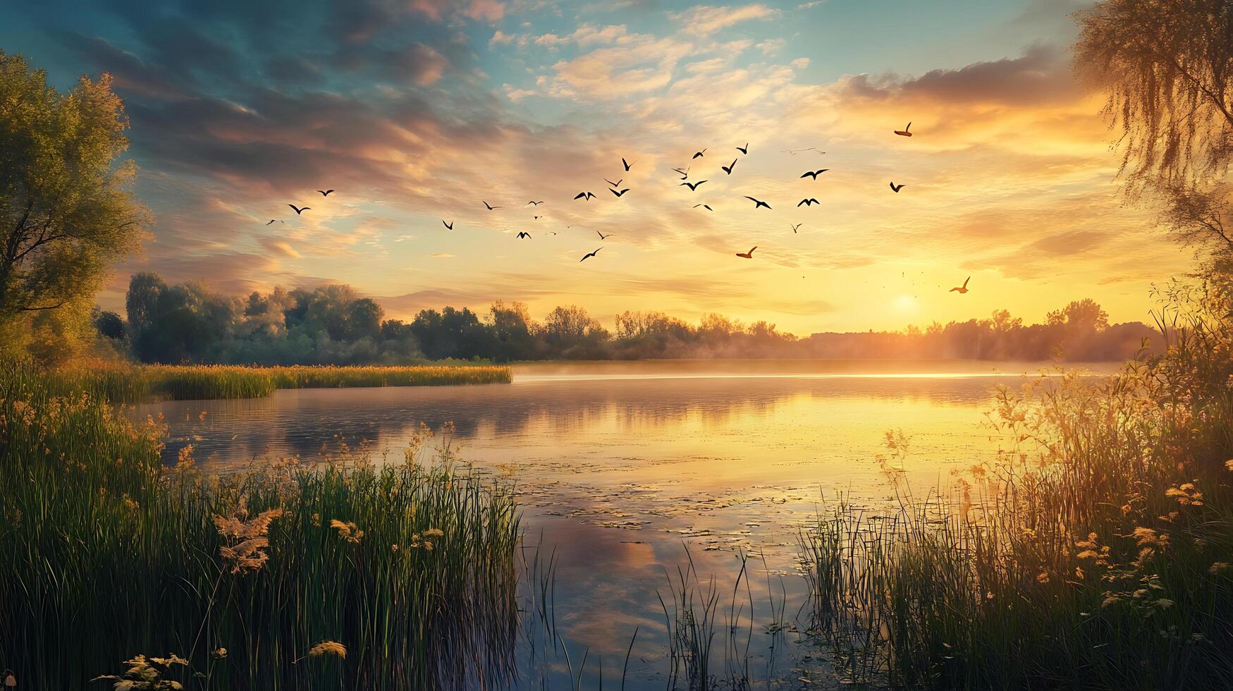 Serene lake landscape at sunset with birds flying across a colorful sky reeds in foreground tranquil water photo