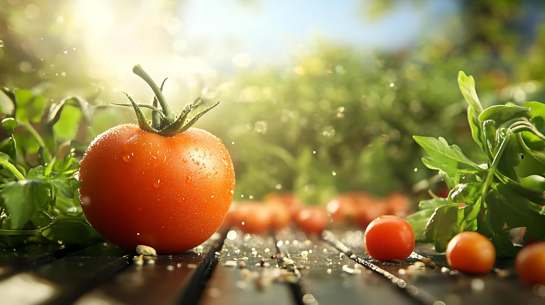 Vibrant tomato basks in sunlight droplets clinging to its skin amidst a lush garden offering a taste of summer photo