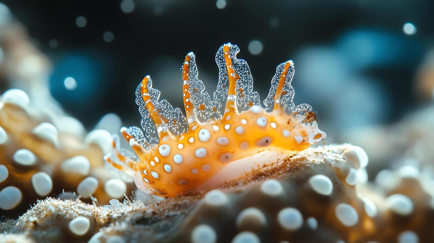 An orange nudibranch with white spots and translucent appendages perched on coral in its natural aquatic habitat photo