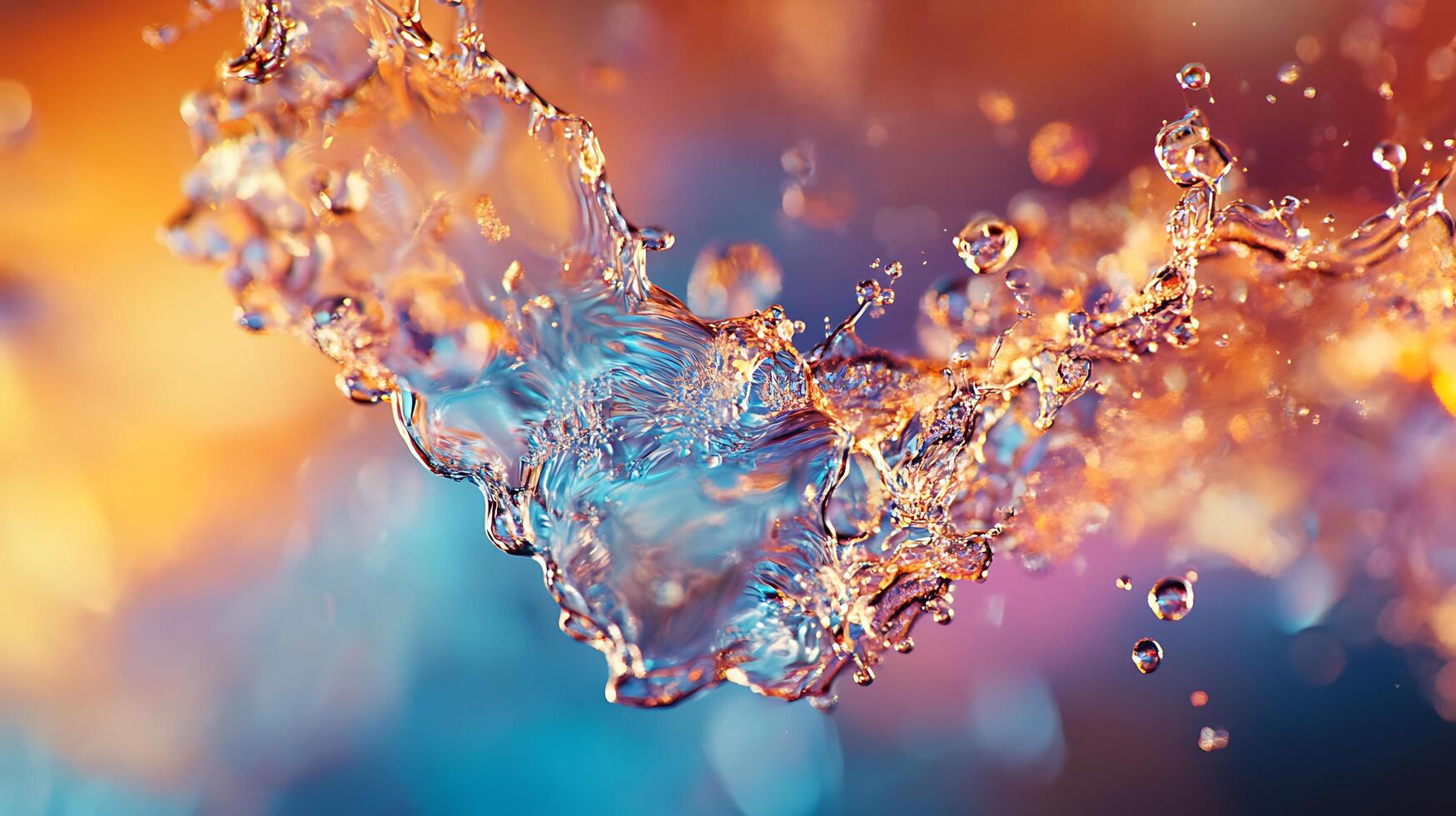 Liquid dance water droplets suspended in air illuminated by a warm light caught in a moment of dynamic movement photo