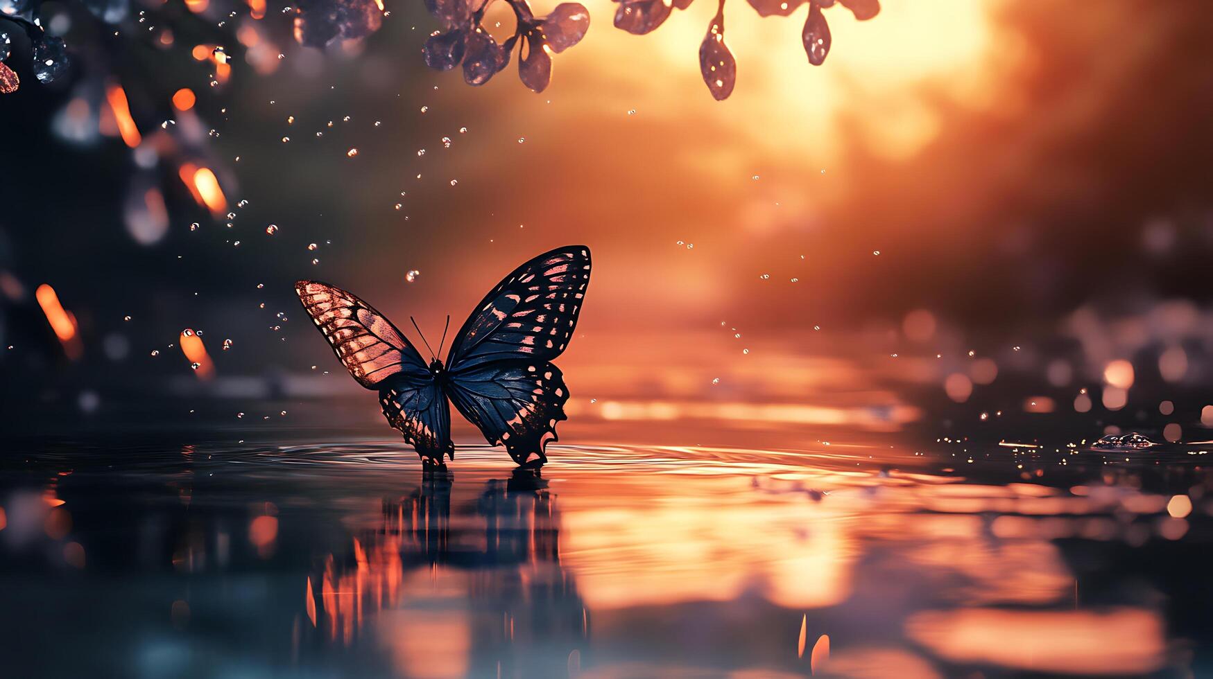 Butterfly on water with glowing orange backdrop drops falling and floral accents overhead - ethereal and dreamlike photo