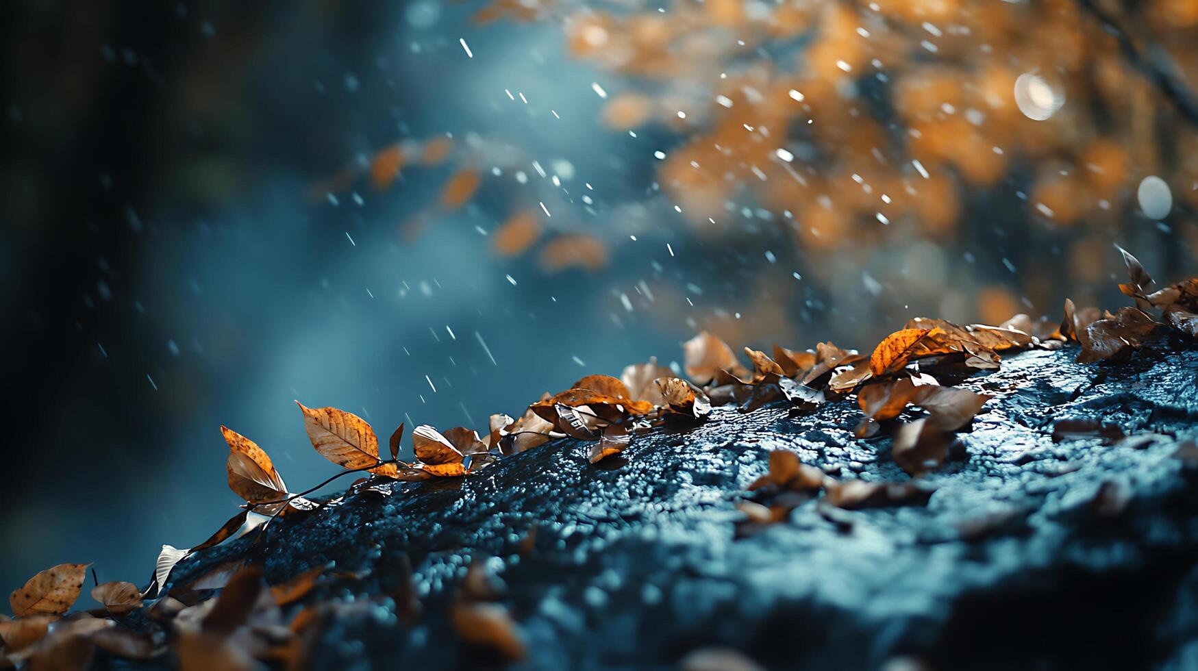 Autumn leaves resting on a wet surface glistening in the soft rain A picturesque autumnal scene photo