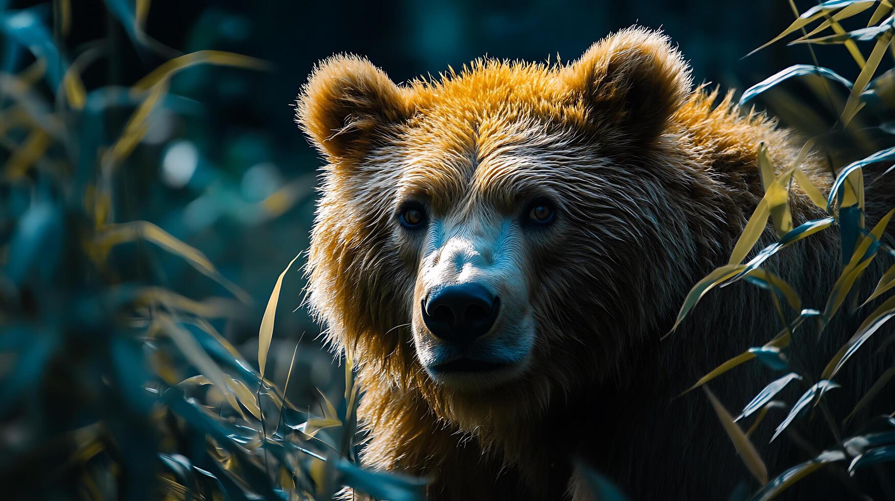 Close-up of a magnificent brown bear partially hidden among verdant vegetation its eyes conveying calm strength photo